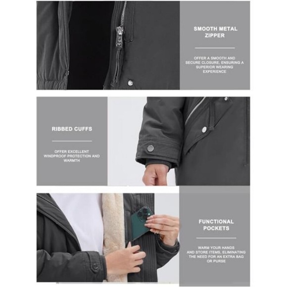 Womens Winter Coats Fleece Lined Parka Jacket Hooded Long Winter Warm Parka Coat - Picture 6 of 8